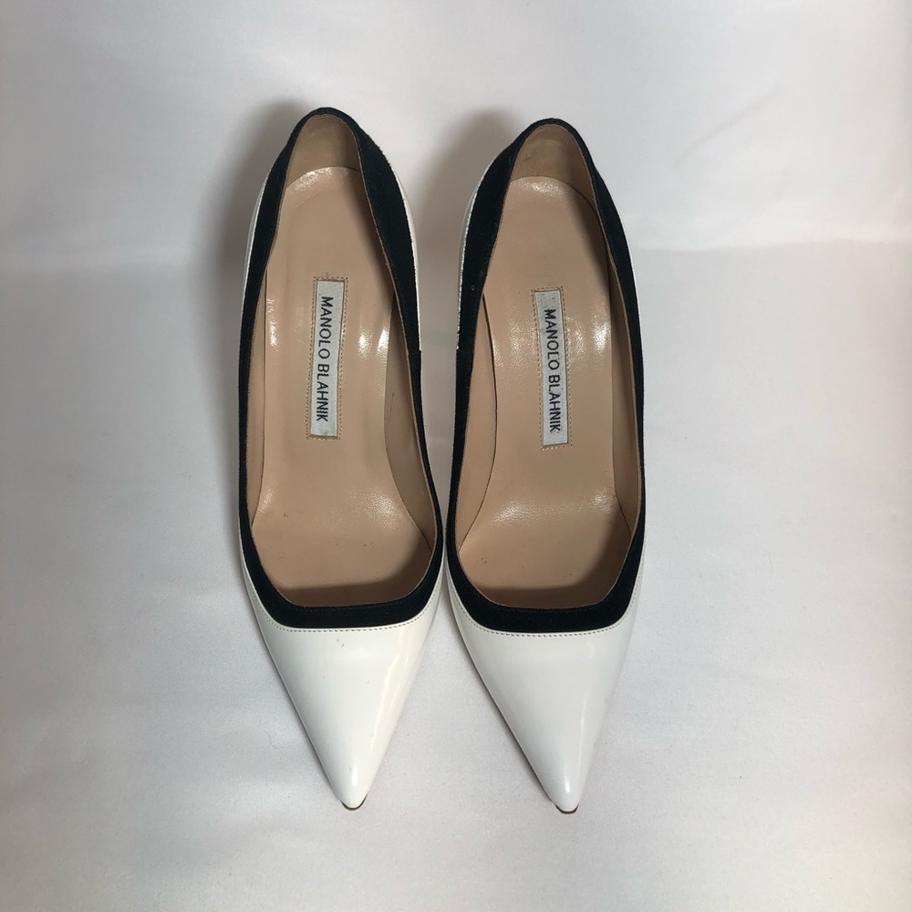 Manolo Blahnik white patent heals with black trim